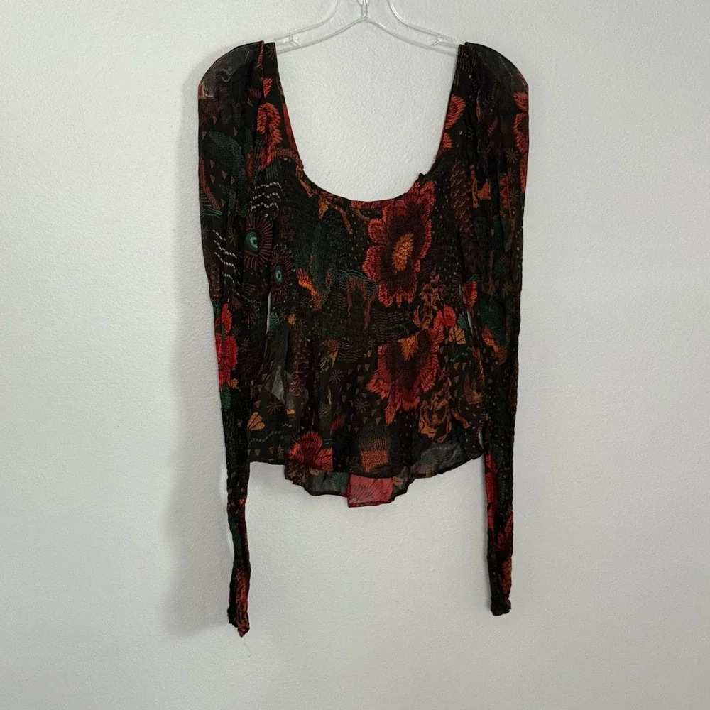 Farm Rio River Creatures Chiffon Blouse Smocked Top Floral Puff Sleeve - XSmall